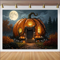Lofaris Spooky Pumpkin House Halloween Backdrop with Full Moon and Skulls, Eerie Jack-o'-Lanterns Photography Background for Spooky Party Decor