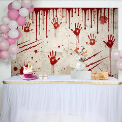 Lofaris Distressed Wall Horror Photography Backdrop with Red Handprints and Splatters, Spooky Studio Background for Halloween Party Decor