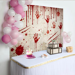 Lofaris Distressed Wall Horror Photography Backdrop with Red Handprints and Splatters, Spooky Studio Background for Halloween Party Decor