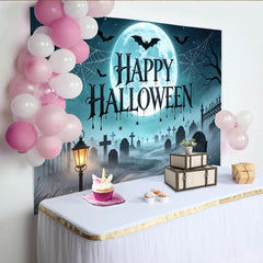 Lofaris Spooky Halloween Backdrop with Full Moon, Bats and Graveyard Scene, Misty Cemetery Photo Background for Holiday Party Decoration