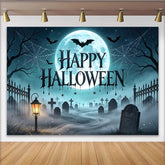 Lofaris Spooky Halloween Backdrop with Full Moon, Bats and Graveyard Scene, Misty Cemetery Photo Background for Holiday Party Decoration