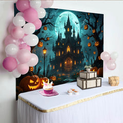 Lofaris Haunted Castle Halloween Backdrop with Full Moon and Jack-o'-Lanterns, Eerie Night Party Decor Background for Photoshoots
