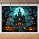 Lofaris Haunted Castle Halloween Backdrop with Full Moon and Jack-o'-Lanterns, Eerie Night Party Decor Background for Photoshoots
