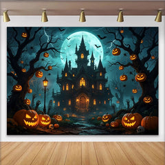 Lofaris Haunted Castle Halloween Backdrop with Full Moon and Jack-o'-Lanterns, Eerie Night Party Decor Background for Photoshoots