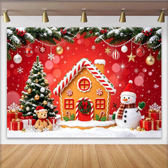 Lofaris Red Christmas Gingerbread House Backdrop with Snowman and Tree, Festive Winter Holiday Background for Party Decoration