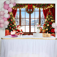 Lofaris Cozy Christmas Window Backdrop with Santa, Gifts, and Decorated Trees, Festive Winter Wonderland Background for Holiday Party