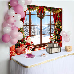 Lofaris Cozy Christmas Window Backdrop with Santa, Gifts, and Decorated Trees, Festive Winter Wonderland Background for Holiday Party