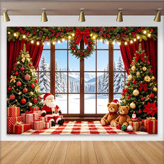 Lofaris Cozy Christmas Window Backdrop with Santa, Gifts, and Decorated Trees, Festive Winter Wonderland Background for Holiday Party