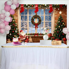 Lofaris Christmas Window Backdrop with Decorated Trees and Gifts, Festive Holiday Background for Family Photoshoots and Party Decor