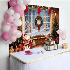 Lofaris Christmas Window Backdrop with Decorated Trees and Gifts, Festive Holiday Background for Family Photoshoots and Party Decor