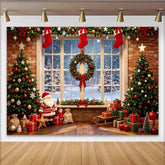 Lofaris Christmas Window Backdrop with Decorated Trees and Gifts, Festive Holiday Background for Family Photoshoots and Party Decor