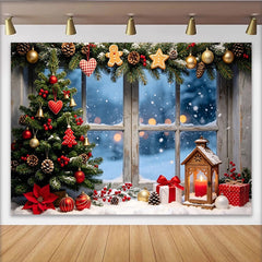 Lofaris Cozy Christmas Tree Window Backdrop with Snow and Gifts, Festive Winter Holiday Scene Background for Photography