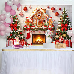 Lofaris Festive Gingerbread House Christmas Backdrop with Decorated Trees, Cozy Fireplace Background for Holiday Party Decoration