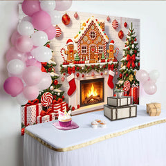Lofaris Festive Gingerbread House Christmas Backdrop with Decorated Trees, Cozy Fireplace Background for Holiday Party Decoration