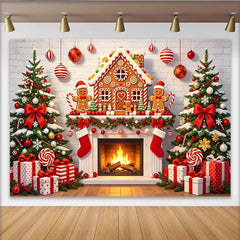 Lofaris Festive Gingerbread House Christmas Backdrop with Decorated Trees, Cozy Fireplace Background for Holiday Party Decoration