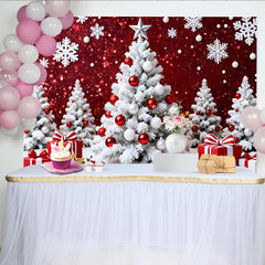 Lofaris White Christmas Tree and Snowflakes Red Glitter Christmas Backdrop, Festive Winter Wonderland Background for Holiday Party Decoration