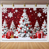 Lofaris White Christmas Tree and Snowflakes Red Glitter Christmas Backdrop, Festive Winter Wonderland Background for Holiday Party Decoration