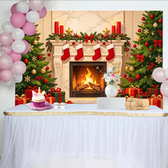 Lofaris Cozy Christmas Backdrop with Fireplace, Decorated Trees and Hanging Stockings, Festive Holiday Party Decor for Photoshoot