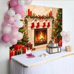 Lofaris Cozy Christmas Backdrop with Fireplace, Decorated Trees and Hanging Stockings, Festive Holiday Party Decor for Photoshoot