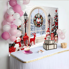 Lofaris Snowy Christmas Tree and Window Backdrop with Santa Wreath, Festive Snowman and Gift Background for Winter Holiday Decor