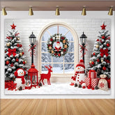Lofaris Snowy Christmas Tree and Window Backdrop with Santa Wreath, Festive Snowman and Gift Background for Winter Holiday Decor