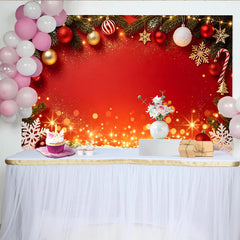 Lofaris Red Christmas Backdrop with Pine Branches, Ornaments, and Snowflakes, Festive Holiday Decor for Winter Party Photography