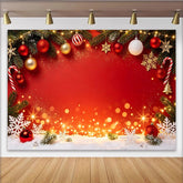 Lofaris Red Christmas Backdrop with Pine Branches, Ornaments, and Snowflakes, Festive Holiday Decor for Winter Party Photography