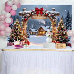 Lofaris Snowy Christmas Village Photography Backdrop with Decorated Trees and Presents, Festive Holiday Background for Winter Party Decor