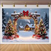 Lofaris Snowy Christmas Village Photography Backdrop with Decorated Trees and Presents, Festive Holiday Background for Winter Party Decor