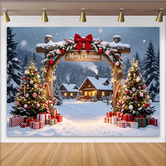 Lofaris Snowy Christmas Village Photography Backdrop with Decorated Trees and Presents, Festive Holiday Background for Winter Party Decor