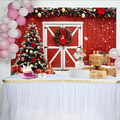 Lofaris Rustic Red Barn Christmas Backdrop with Snow and Decorated Tree, Festive Winter Holiday Background for Family Photoshoot