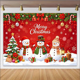 Lofaris Red Merry Christmas Backdrop with Snowmen and Christmas Tree, Winter Holiday Party Photography Background