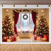 Lofaris Christmas Tree Backdrop with Red Ornaments and Glowing Lights, Snowy Window Scene, Holiday Photography Background for Winter Decor