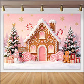 Lofaris Pink Gingerbread House Christmas Backdrop with Snowman and Candy Canes, Festive Winter Holiday Photography Background Decor