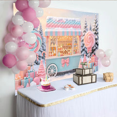 Lofaris Pastel Candy Cart Christmas Backdrop with Snowy Winter Scene, Festive Sweet Shop Background for Holiday Party Decor