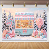 Lofaris Pastel Candy Cart Christmas Backdrop with Snowy Winter Scene, Festive Sweet Shop Background for Holiday Party Decor
