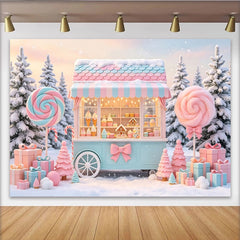 Lofaris Pastel Candy Cart Christmas Backdrop with Snowy Winter Scene, Festive Sweet Shop Background for Holiday Party Decor