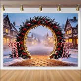 Lofaris Snowy Christmas Arch Backdrop with Candy Canes and Winter Village, Festive Holiday Decor for Photo Booth and Winter Party