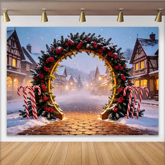 Lofaris Snowy Christmas Arch Backdrop with Candy Canes and Winter Village, Festive Holiday Decor for Photo Booth and Winter Party