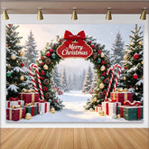 Lofaris Snowy Christmas Arch Backdrop with Pine Trees, Gifts and Candy Canes, Festive Holiday Background for Winter Party Decor