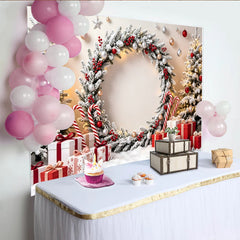 Lofaris Snowy Christmas Wreath Backdrop with Gifts and Candy Canes, Festive Winter Holiday Photography Background for Party Decor