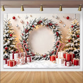 Lofaris Snowy Christmas Wreath Backdrop with Gifts and Candy Canes, Festive Winter Holiday Photography Background for Party Decor