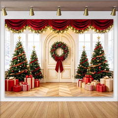 Lofaris Festive Christmas Tree Photography Backdrop with Red Drapes and Gifts, Elegant Holiday Background for Winter Decor