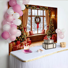 Lofaris Cozy Christmas Window Backdrop with Decorated Trees and Gifts, Festive Holiday Background for Winter Photoshoot and Family Decor