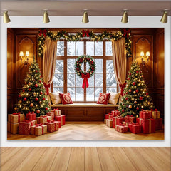 Lofaris Cozy Christmas Window Backdrop with Decorated Trees and Gifts, Festive Holiday Background for Winter Photoshoot and Family Decor