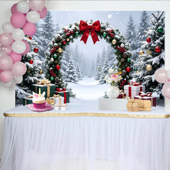 Lofaris Snowy Winter Christmas Arch Backdrop with Red Bow and Gifts, Festive Holiday Background for Family Photoshoot and Party Decor