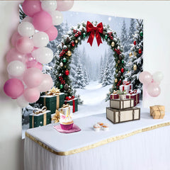Lofaris Snowy Winter Christmas Arch Backdrop with Red Bow and Gifts, Festive Holiday Background for Family Photoshoot and Party Decor