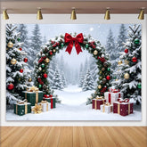 Lofaris Snowy Winter Christmas Arch Backdrop with Red Bow and Gifts, Festive Holiday Background for Family Photoshoot and Party Decor