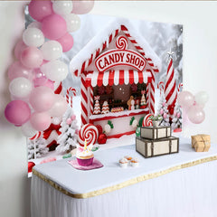 Lofaris Sweet Candy Shop Christmas Backdrop with Snow and Candy Canes, Festive Winter Wonderland Background for Holiday Party Decor