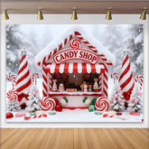 Lofaris Sweet Candy Shop Christmas Backdrop with Snow and Candy Canes, Festive Winter Wonderland Background for Holiday Party Decor